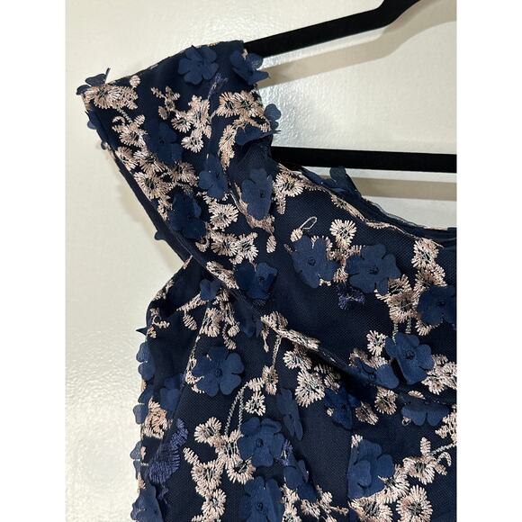 XSCAPE Off-The-Shoulder Embroidered 3D Floral Lace Midi Dress Navy Sz 12/14 NWT - Picture 8 of 16